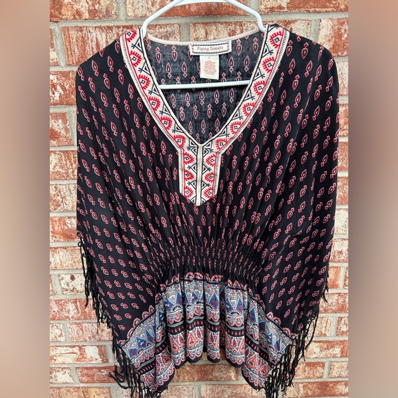 Flying Tomato Fringe Large Print Embroidered Poncho Cape - Picture 1 of 8